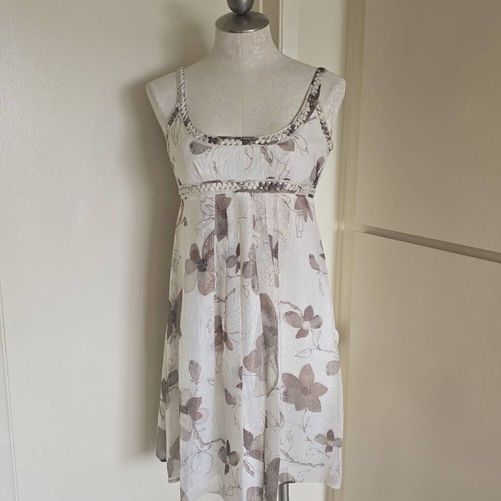 Cynthia Steffe Braid Trim Ivory/Bge Silk/Floral Gold Metallic Sundress,EUC, 4